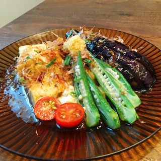 夏野菜と豆腐の揚げずに作る揚げ浸し(^^)